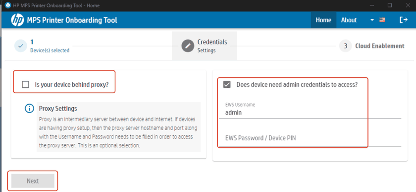 The credentials step with the proxy and admin credentials options