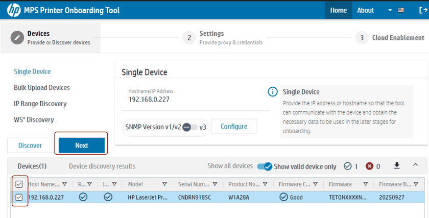 Discovery results with a printer ticked and the Next button highlighted