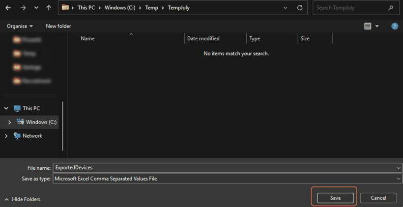 The save dialog with the exported devices CSV