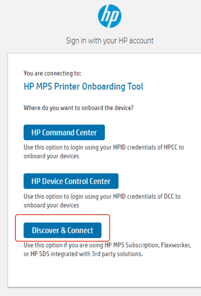 HP sign-in page with the Discover and Connect option highlighted