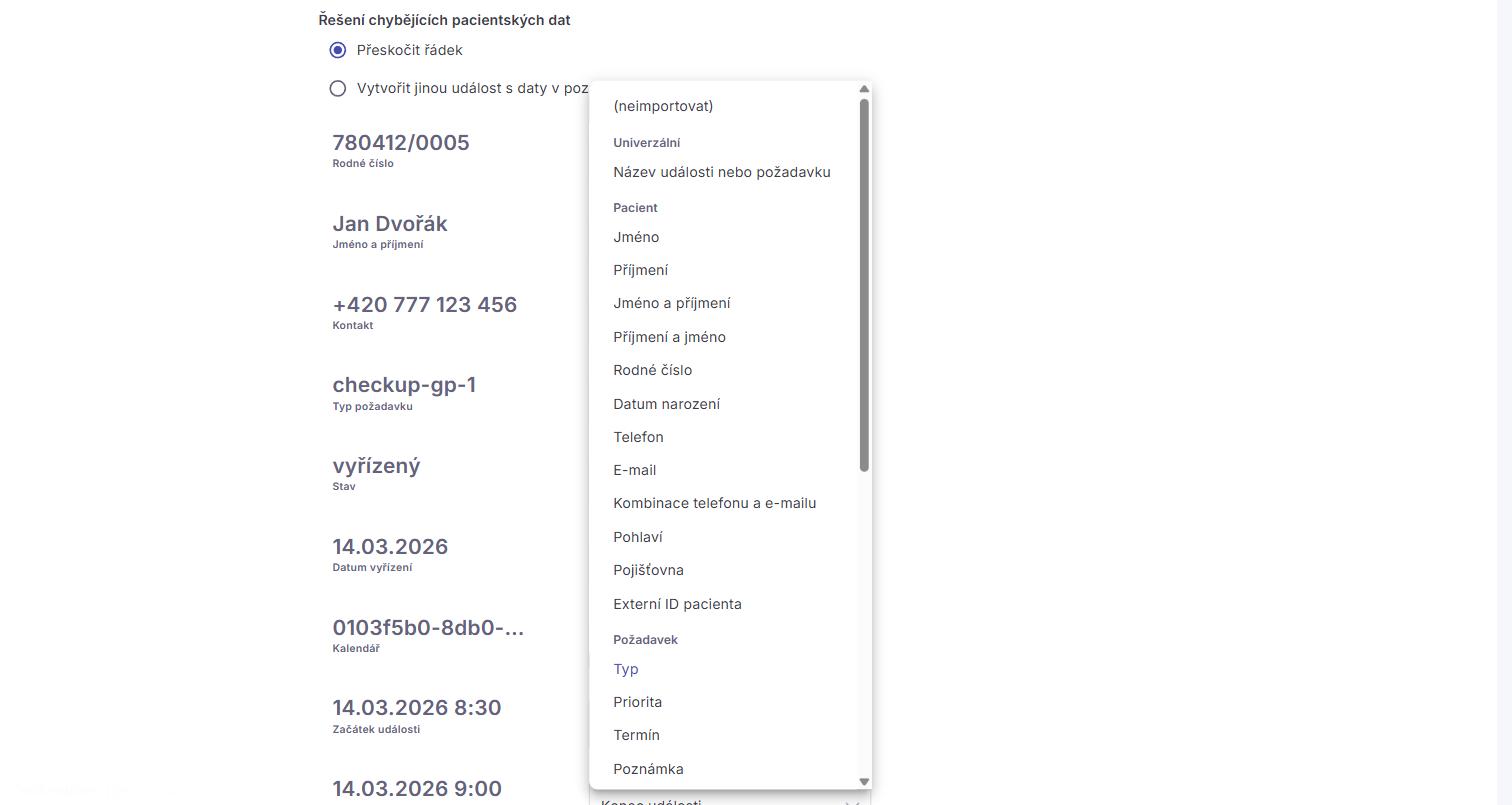 Nabídka údajů v mapování, rozdělená do kategorií