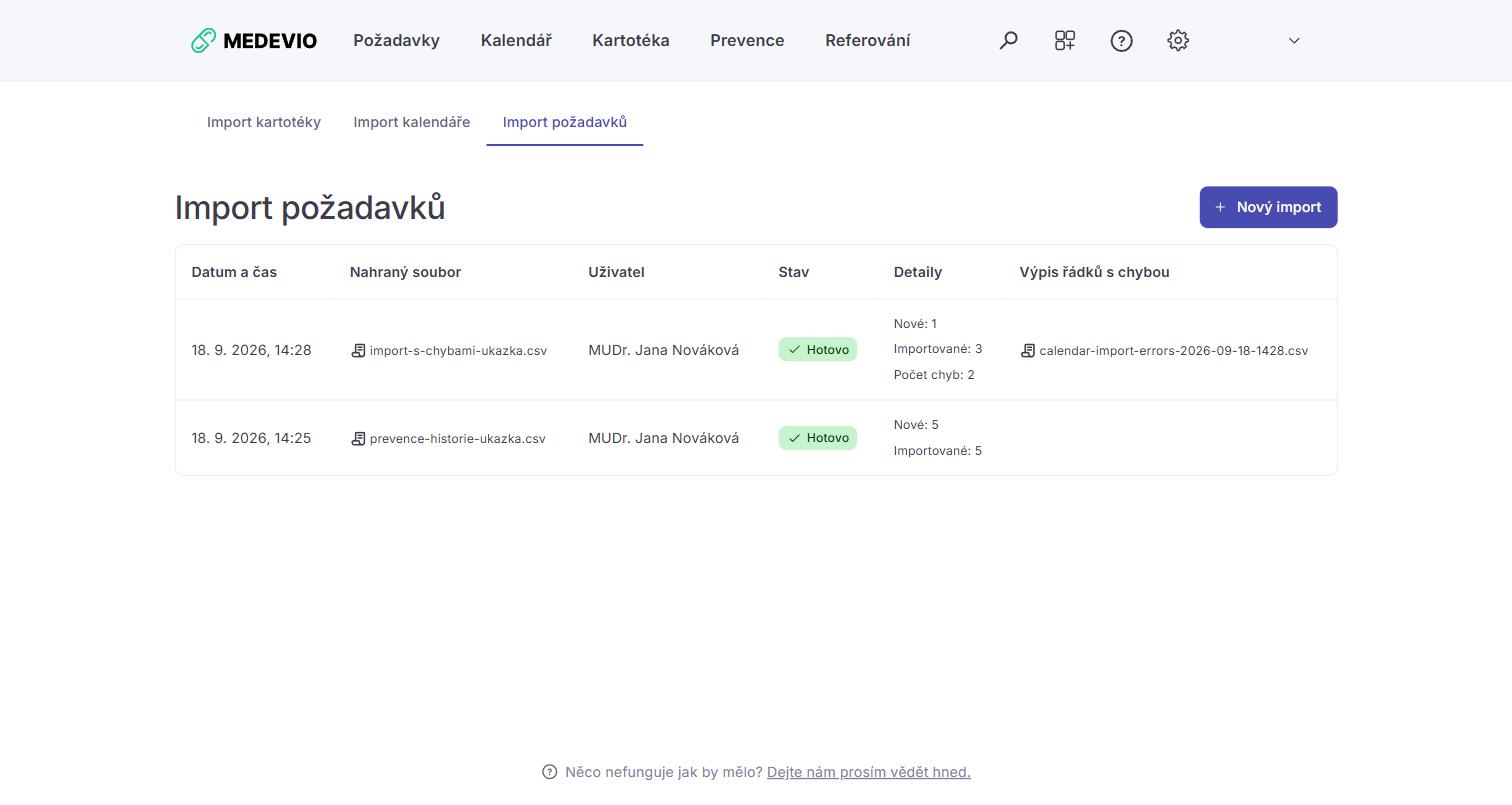 Přehled importů se záložkou Import požadavků a tlačítkem Nový import
