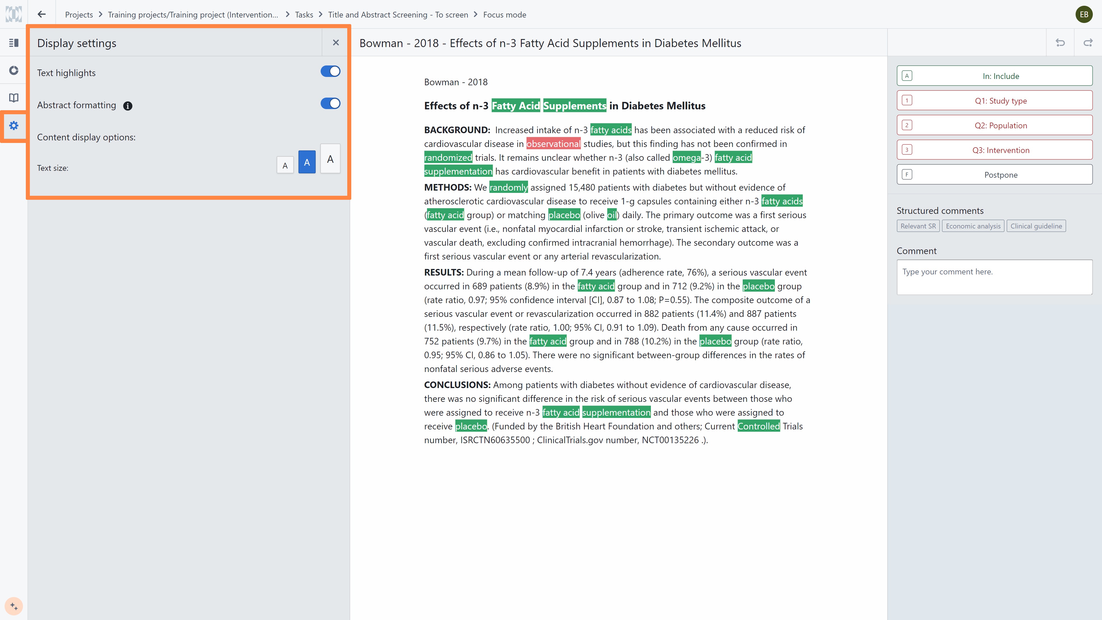 Focus mode view with a central abstract view, a right-hand decision panel and a left-hand display setting panel, including highlighting, AI-generated paragraphs and text size change.