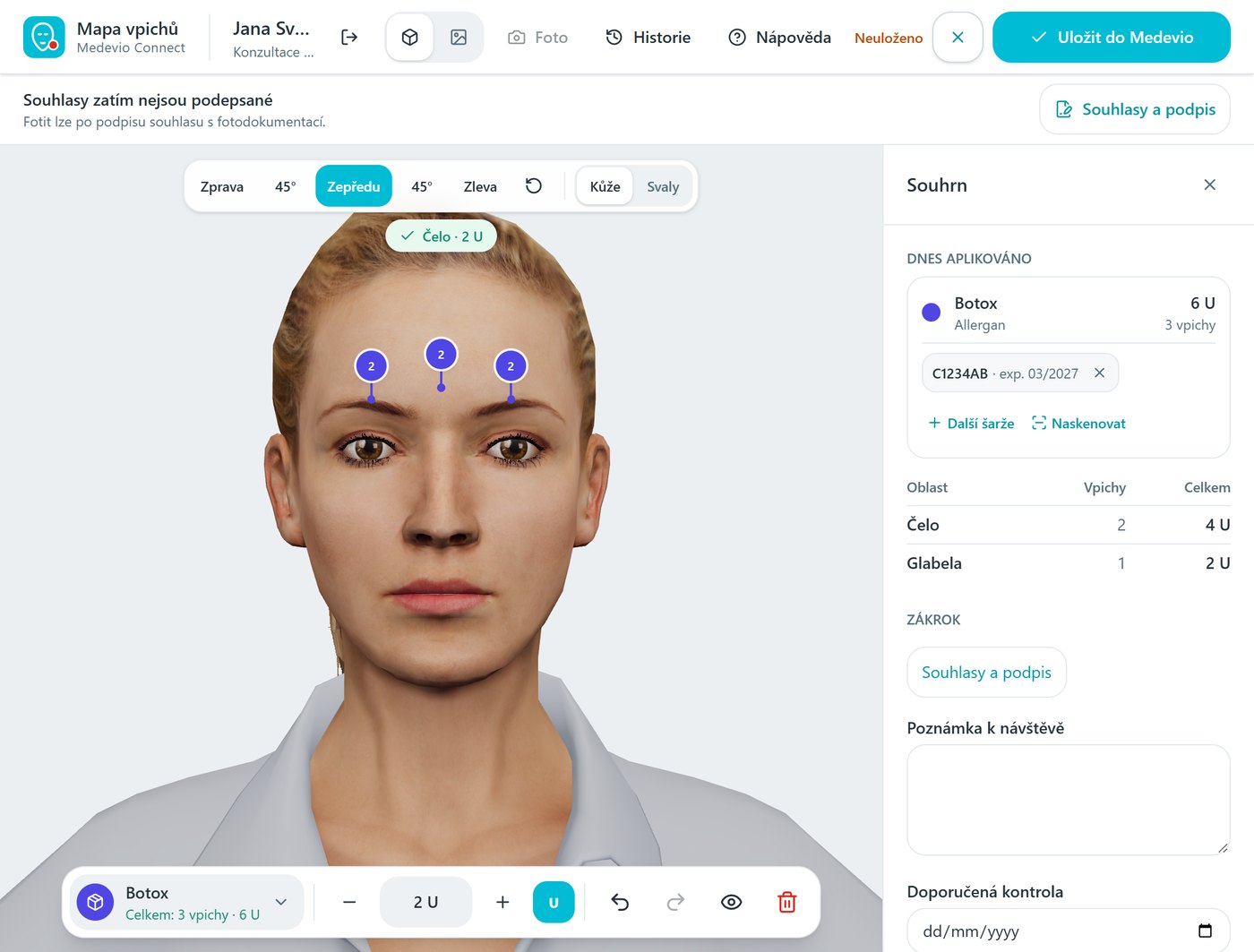 Mapa vpichů: 3D model obličeje se třemi vpichy na čele, nahoře přepínač 3D hlava / Na fotce a lišta souhlasů, vpravo Souhrn s přípravkem, šarží a tabulkou oblastí, dole lišta s přípravkem a dávkou
