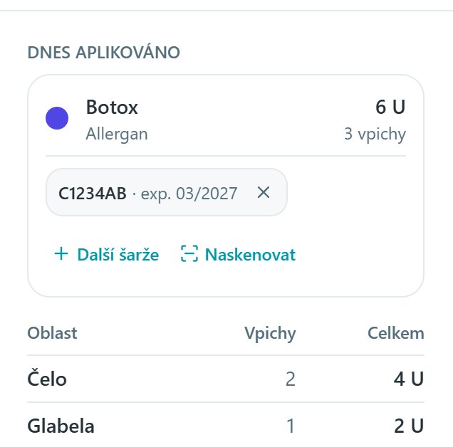 Souhrn, Dnes aplikováno: Botox se šarží C1234AB s expirací 03/2027, tlačítka Další šarže a Naskenovat, pod tím tabulka oblastí