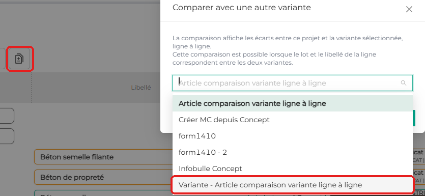 Bouton Comparer de la barre d’outils et fenêtre de choix de la variante