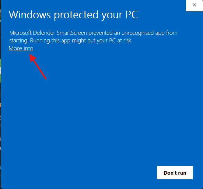 Windows protected your PC screen showing the “More info” link.