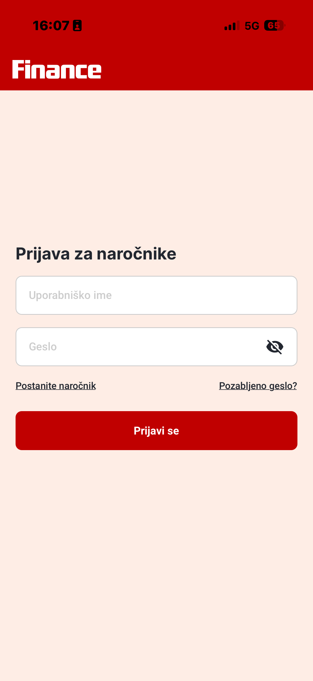 Prijava v aplikacijo Finance