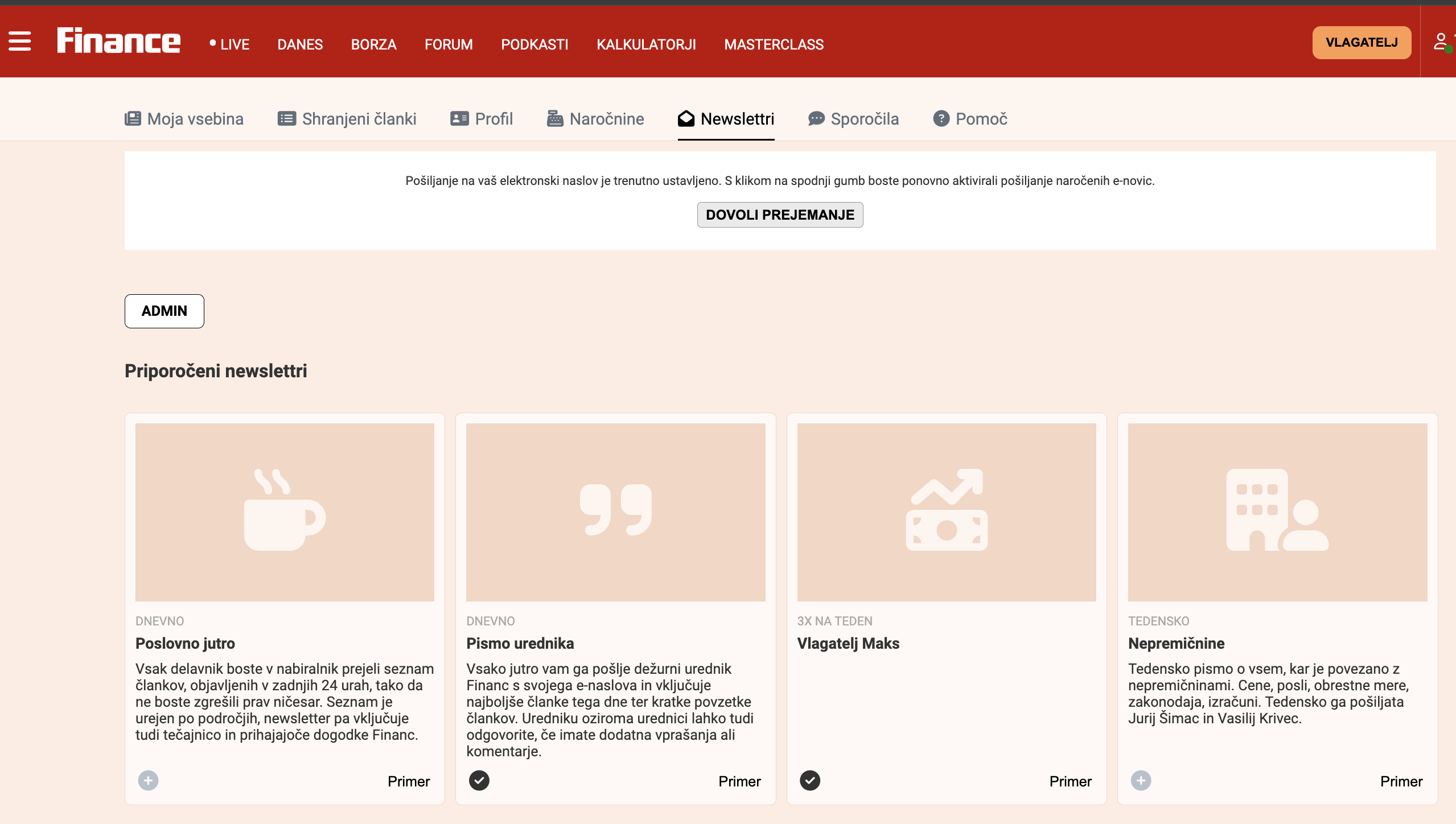 Upravljanje e-novic v profilu Finance