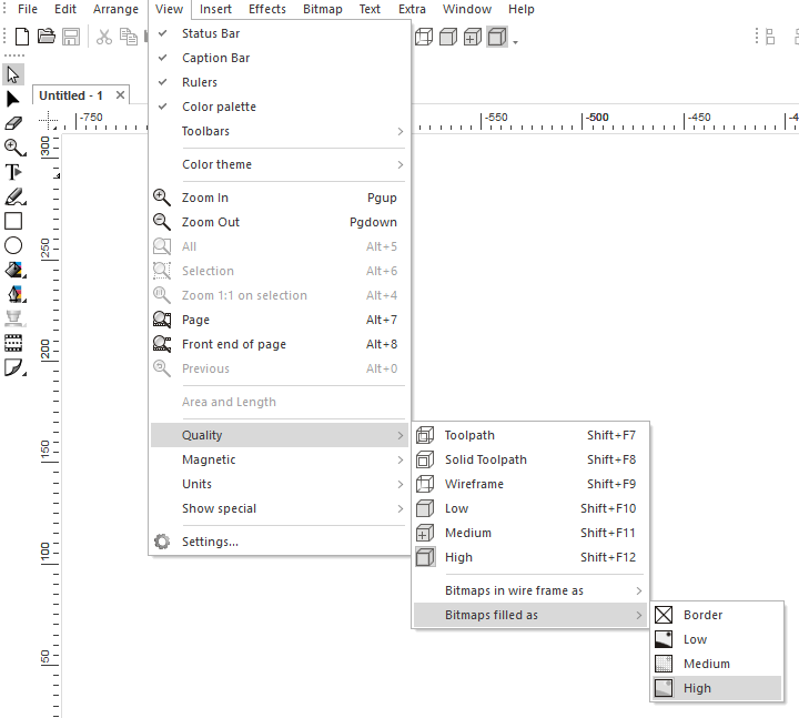 EasySIGN View menu showing Quality > Bitmaps filled as > High for bitmap display.