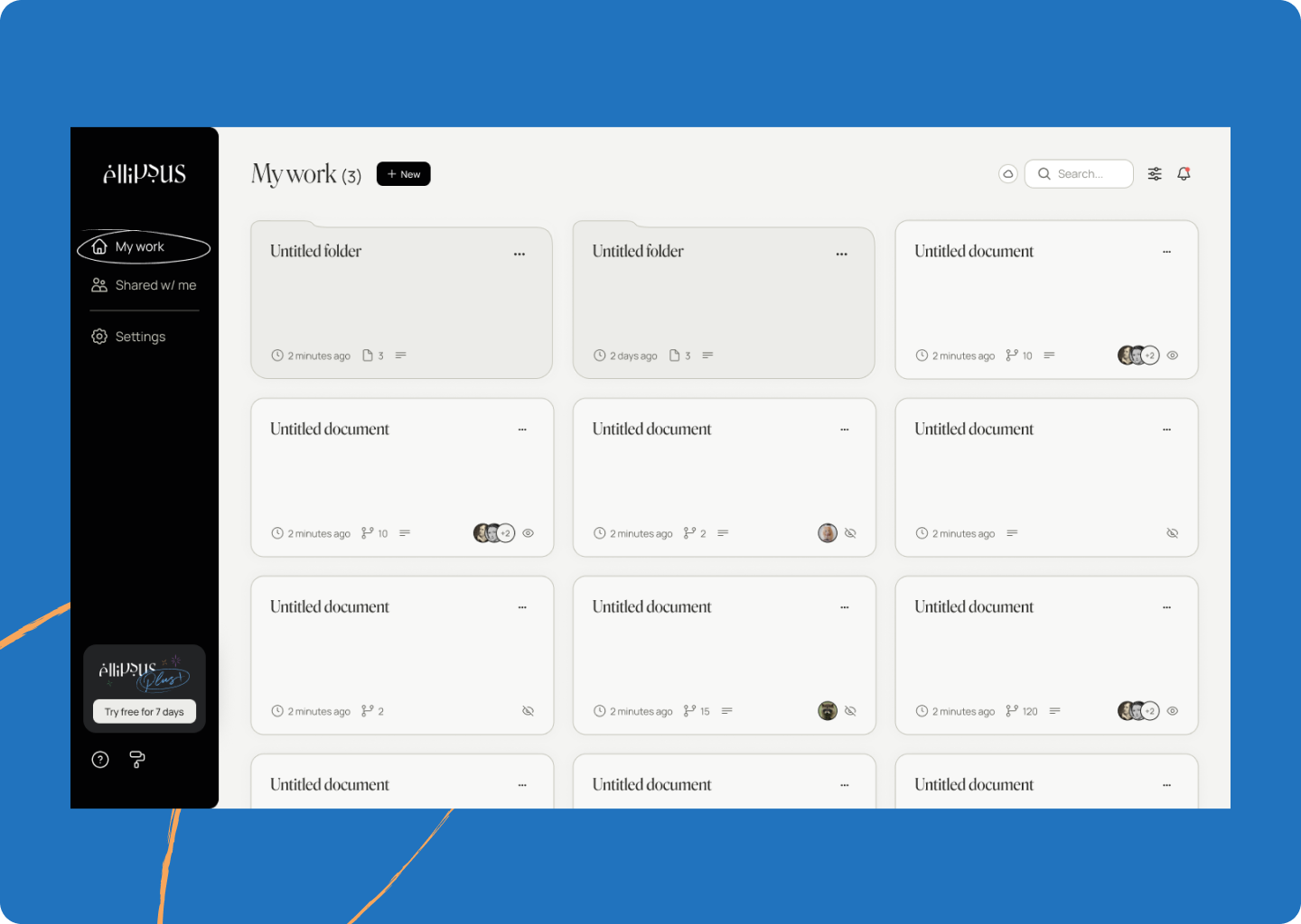 A screenshot of the "My work" tab of the Ellipsus dashboard