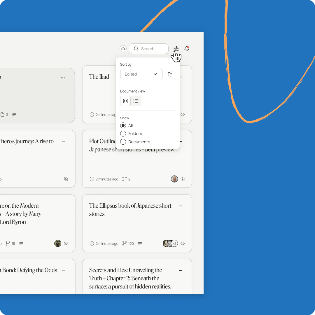A close up screenshot of the sorting and filtering options on the Ellipsus dashboard