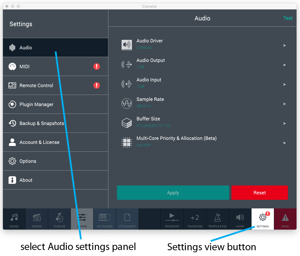 Figure 1 - The Settings view is the gateway to a great many configuration parameters and powerful functions.