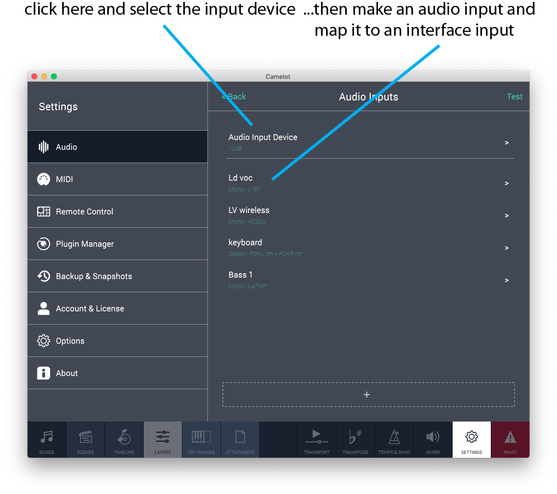 Figure 4 - Audio inputs are created and mapped using the same process as for outputs. Audio inputs can be used in many different places in Camelot.