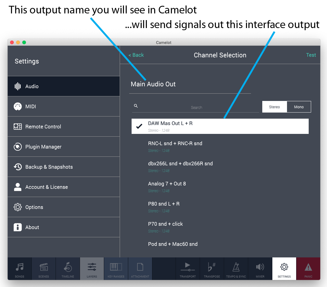Figure 3 - Each audio output you create to use in Camelot must be mapped to an actual interface output.
