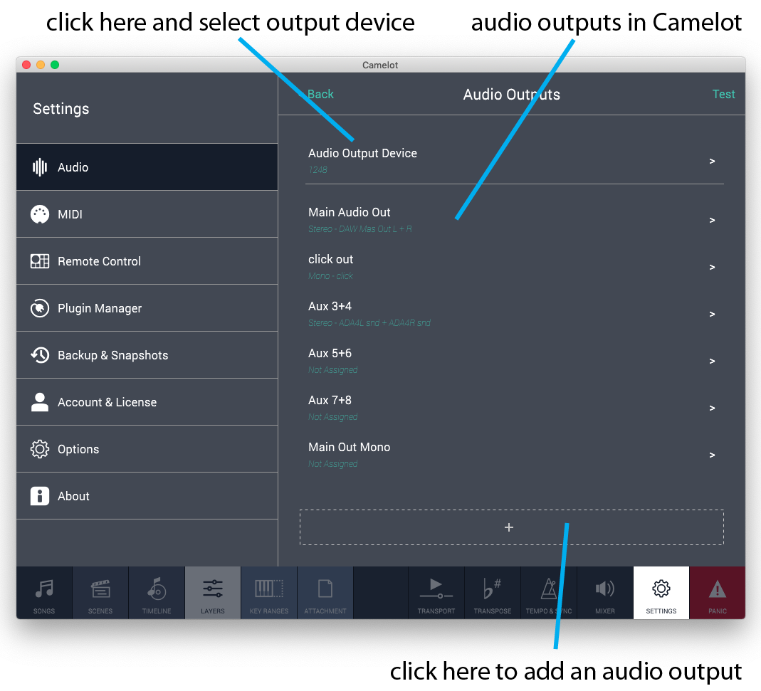 Figure 2 - Once you select an Audio Output Device, you can give its outputs names you want to see in Camelot.