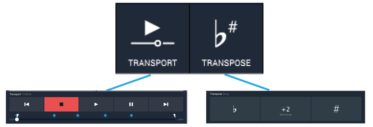 Figure 14 - The Transport popup panel controls Camelot's transport for automation, while the Transpose panel allows MIDI notes for an entire Song to be transposed instantly.