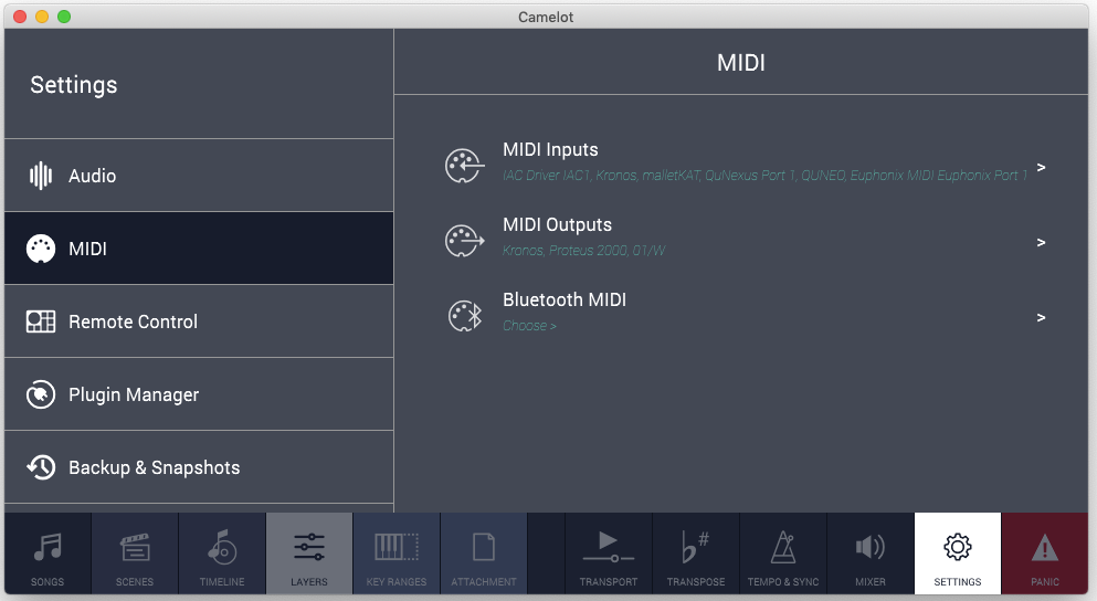 Figure 6 - MIDI devices are selected for use in the MIDI Settings panel. Note that Bluetooth MIDI devices can be accommodated, as well as USB and traditional 5-pin DIN devices.