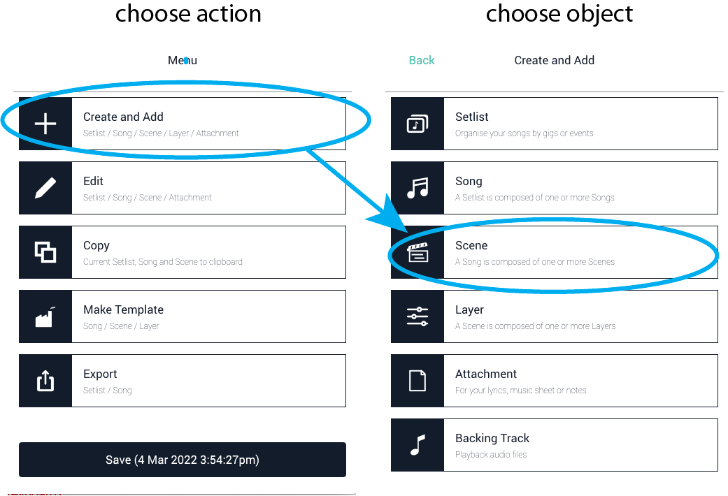 Figure 19 - Choose an action from the main menu, then an object on which to perform that action from the submenu.