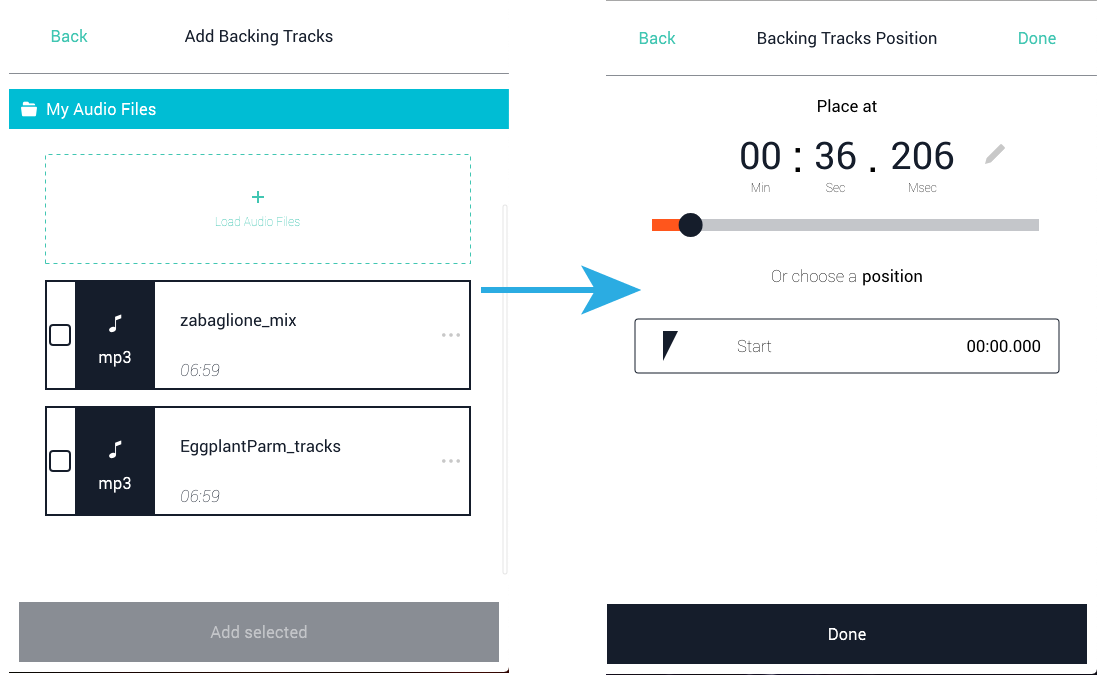 Figure 40 - To add a backing track, either select from tracks you've used before or add a new track, then choose the time at which you want it to start playing.