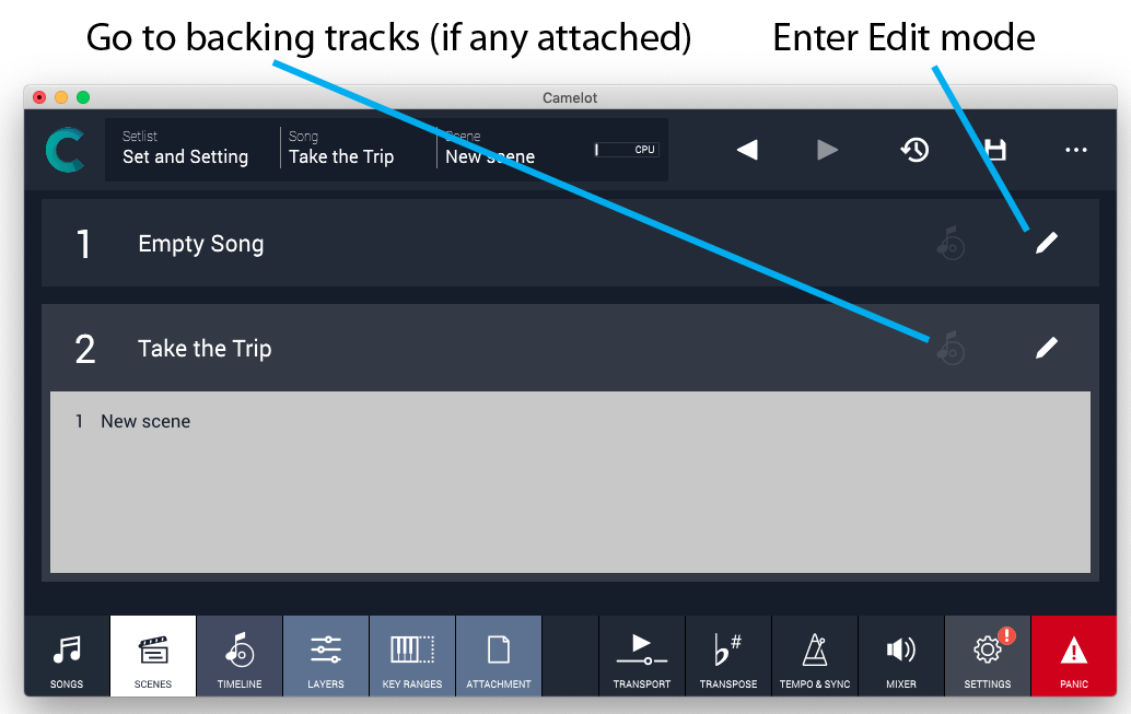 Figure 24 - Scenes view shows the Songs in a Setlist and the Scenes in each one.