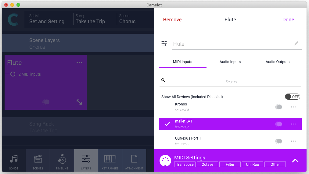 Figure 29 - The MIDI Inputs tab of the Layer settings allows you to select as many controllers as you intend to use to control that Layer. Note the MIDI Settings panel access at the bottom.