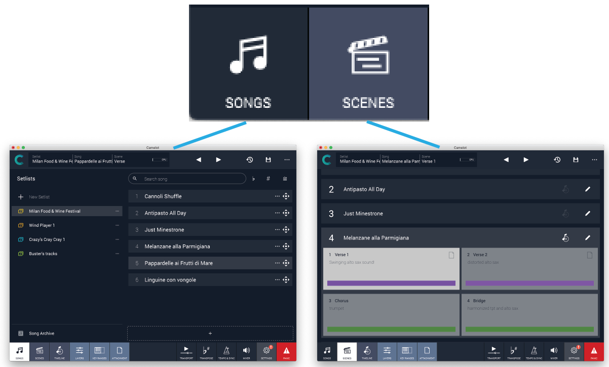 Figure 11 - The Songs and Scenes views are the highest level views of content in Camelot.