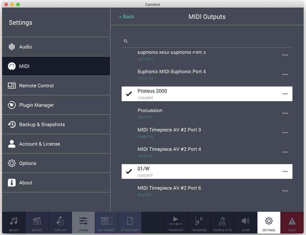 Figure 8 - Hardware synthesizers and sound modules must be selected in the MIDI Outputs panel. If you have something like a workstation keyboard, you might be selecting it as a MIDI Output to play its sound engine, as a MIDI Input to use its controllers, and even as an Audio Input to bring its audio into Camelot.