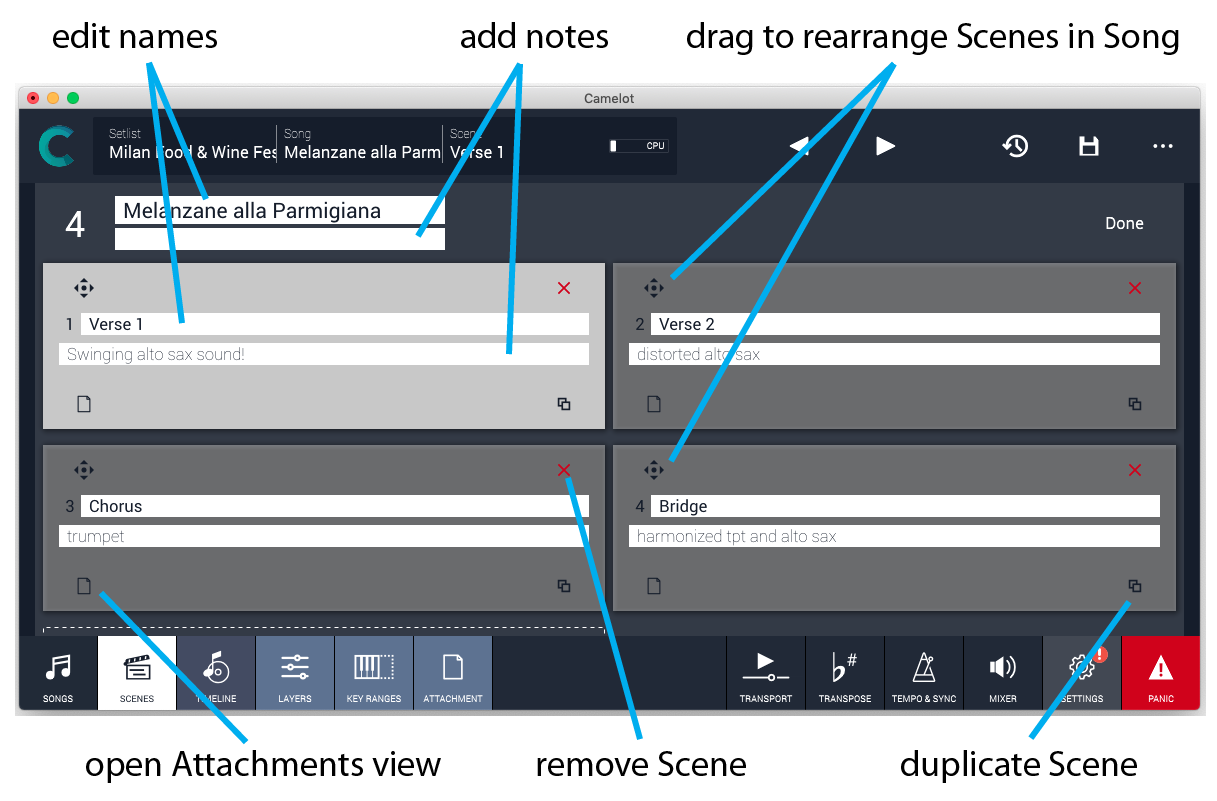 Figure 20 - Scenes view in Edit mode offers scene management functions. Each view has an Edit mode with some of these same functions, as well as functions appropriate to the specific view.
