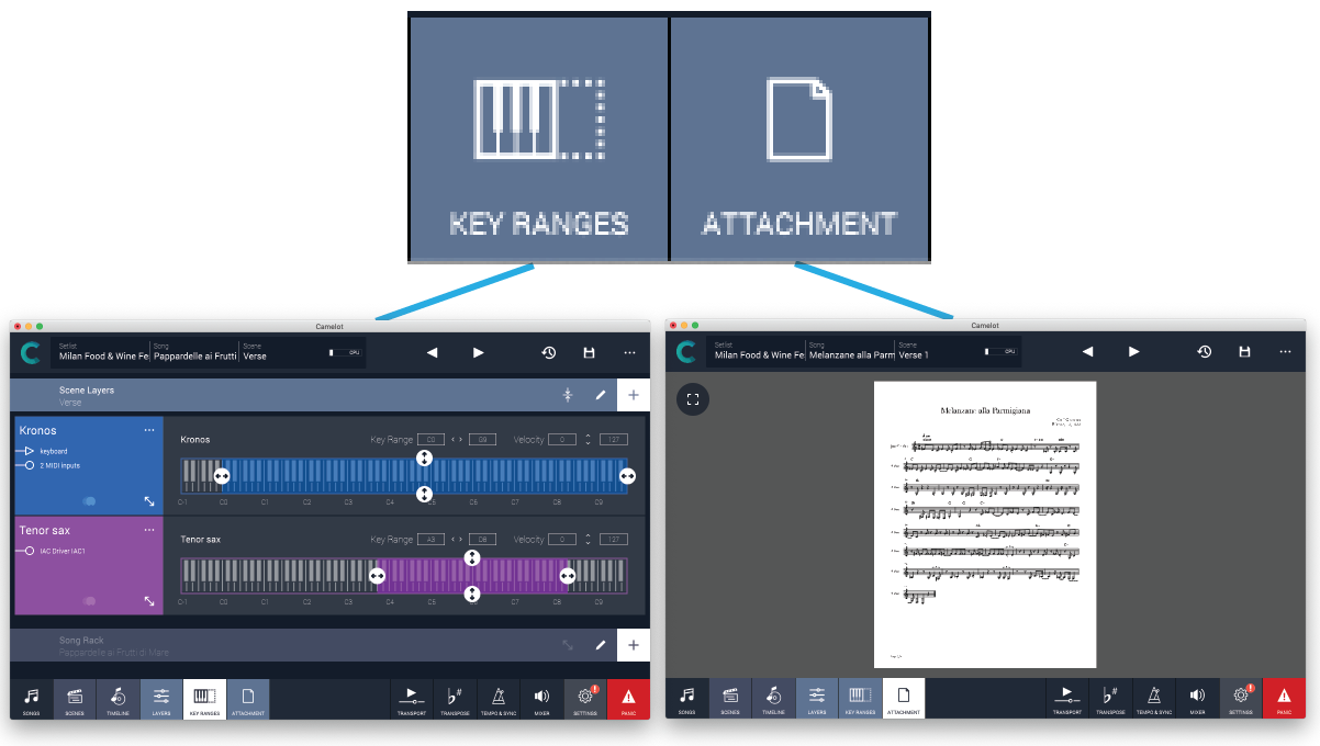 Figure 13 - In the Key Ranges view, layering and splits can be set up for instruments in a Layer. Attachments view allows lyric sheets, chord charts, and performance notes to be attached to a Song or Scene.