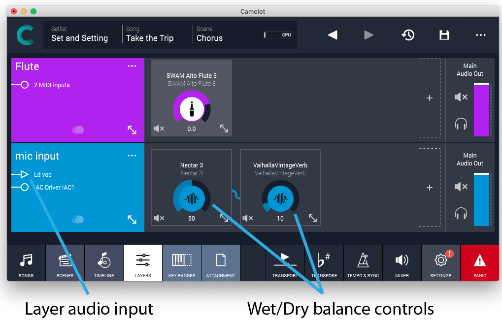 Figure 35 - Now we have a Layer with an instrument and one for audio with some processing. Note the different graphic indication of audio input compared to the MIDI input.