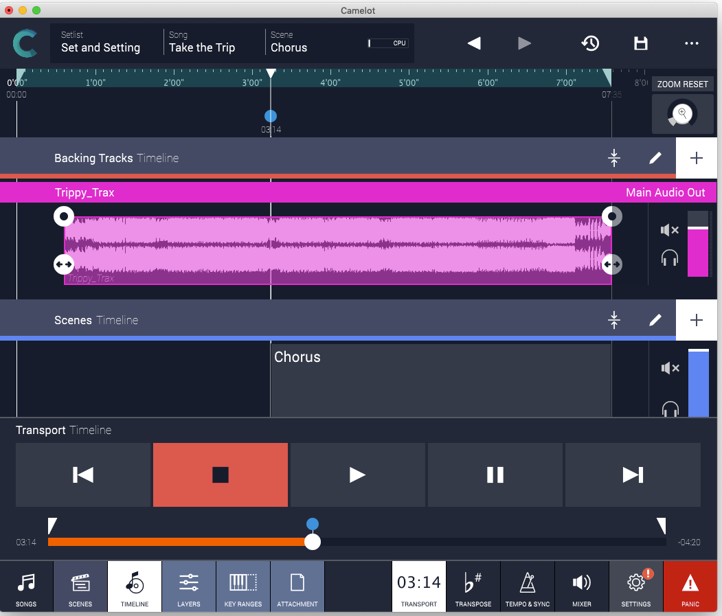 Figure 41! - The Timeline now has a backing track that will start playing a few seconds into the tune, and a Scene change that comes later. Of course, you may add more than one Scene change.