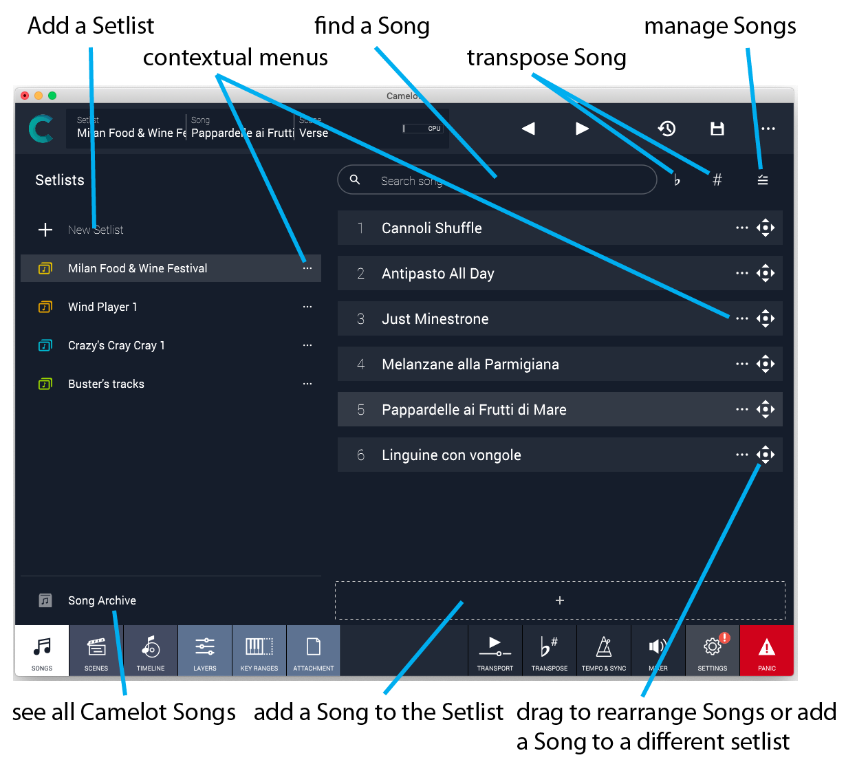 Figure 21 - The Songs view has tools for constructing Setlists, as well as for managing Songs. Setlists are in the left column, the Songs in the selected Setlist are shown in the right column.