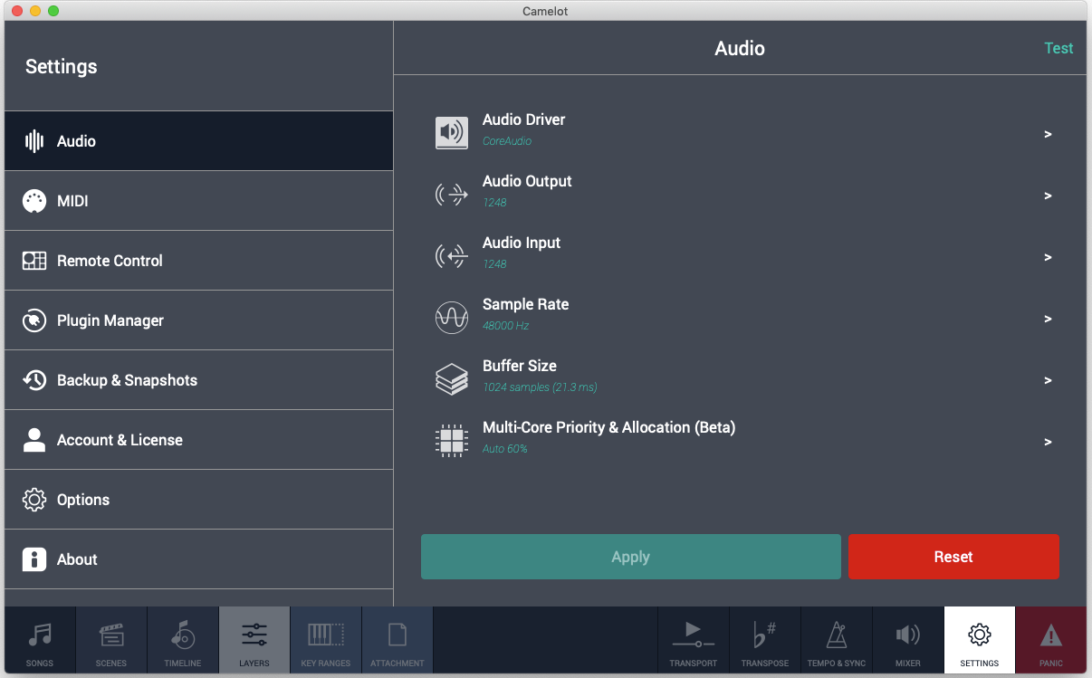 Figure 02 Settings Audio panel
