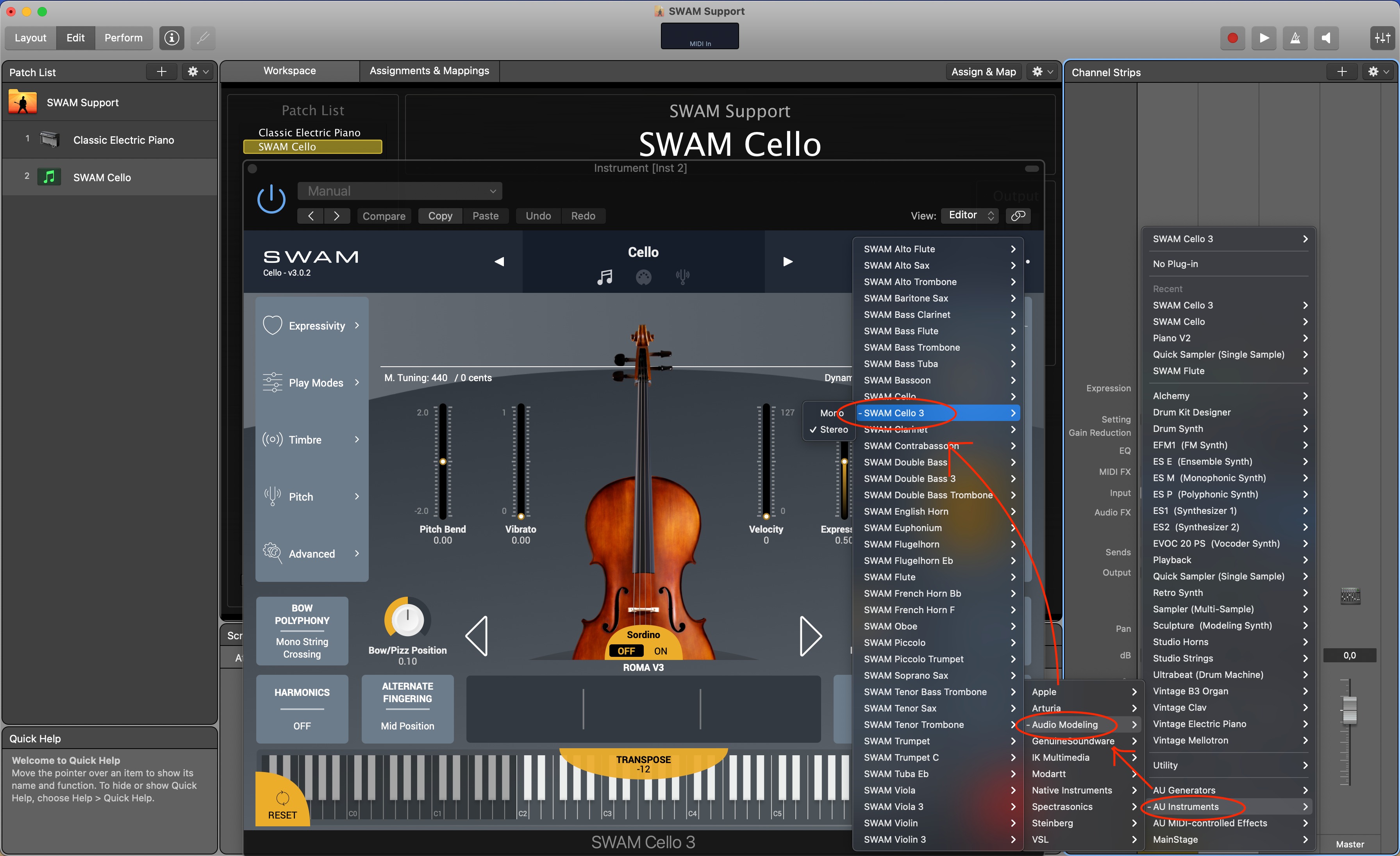Find your favorite SWAM instrument in the sub-menu