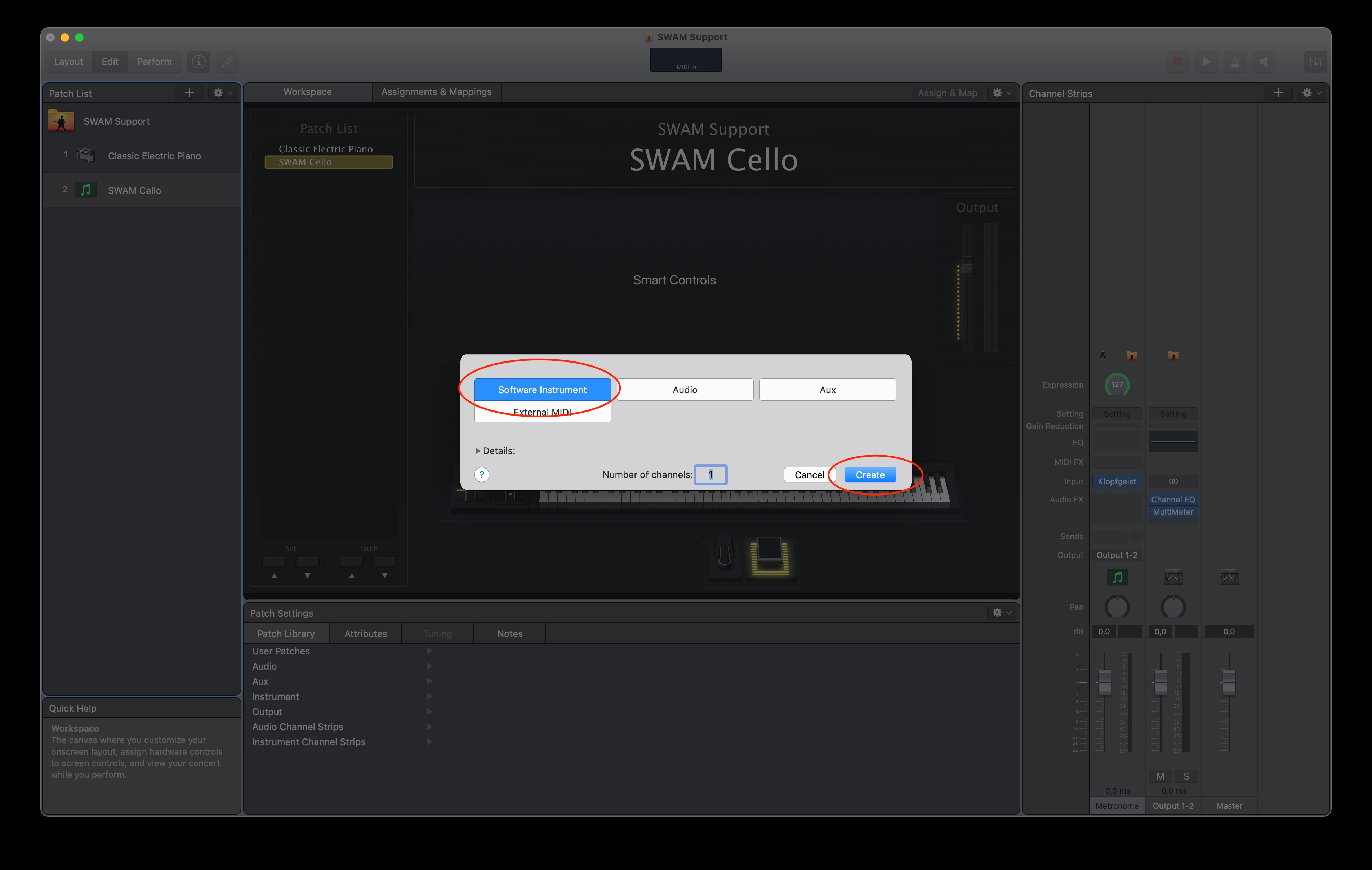 Adding a software instrument channel strip