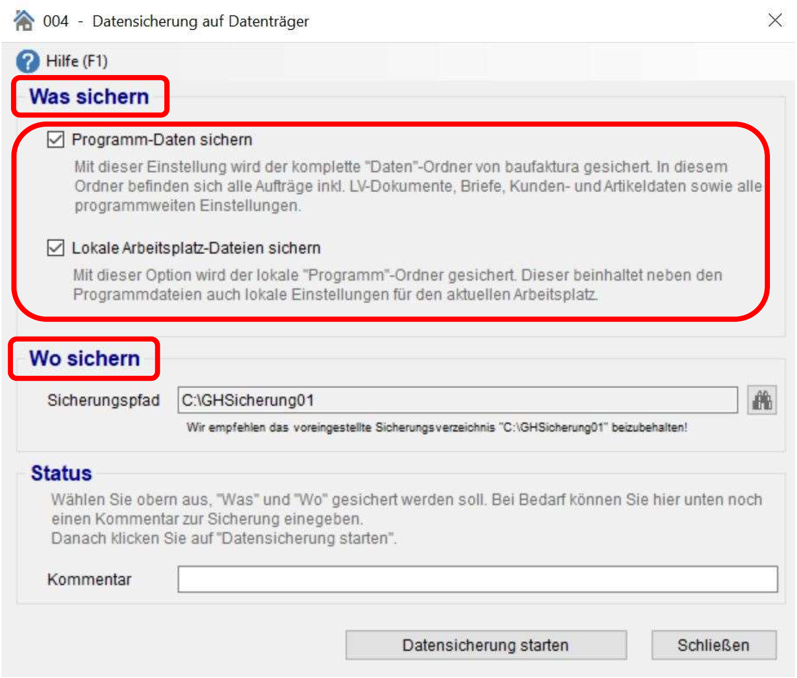 Speicherort für Datensicherung