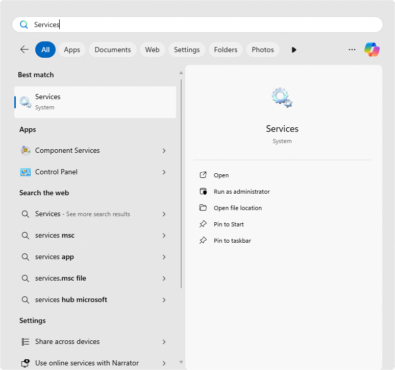 Accéder à l'application Services depuis le menu démarrer