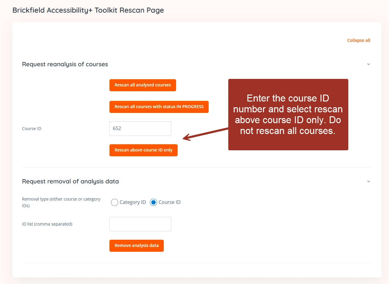 Instruction page showing fields and buttons for rescanning a course by ID, with a note advising to enter the course ID and select rescan for that ID only.