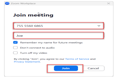 Screenshot: Enter Meeting ID and name