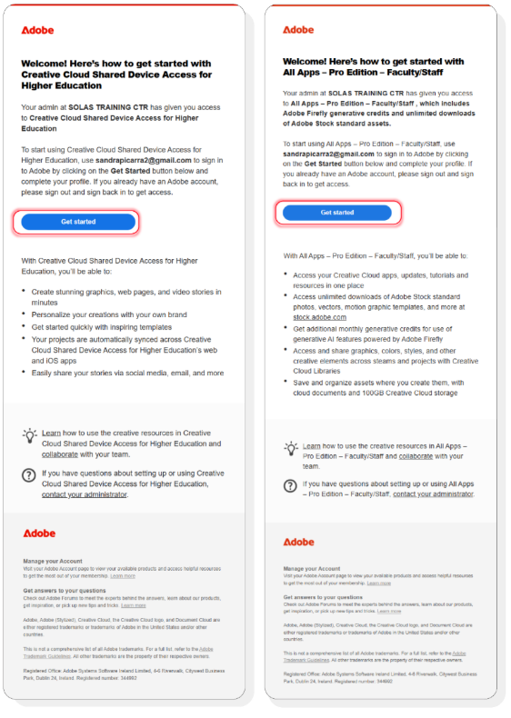 Images of the activation emails