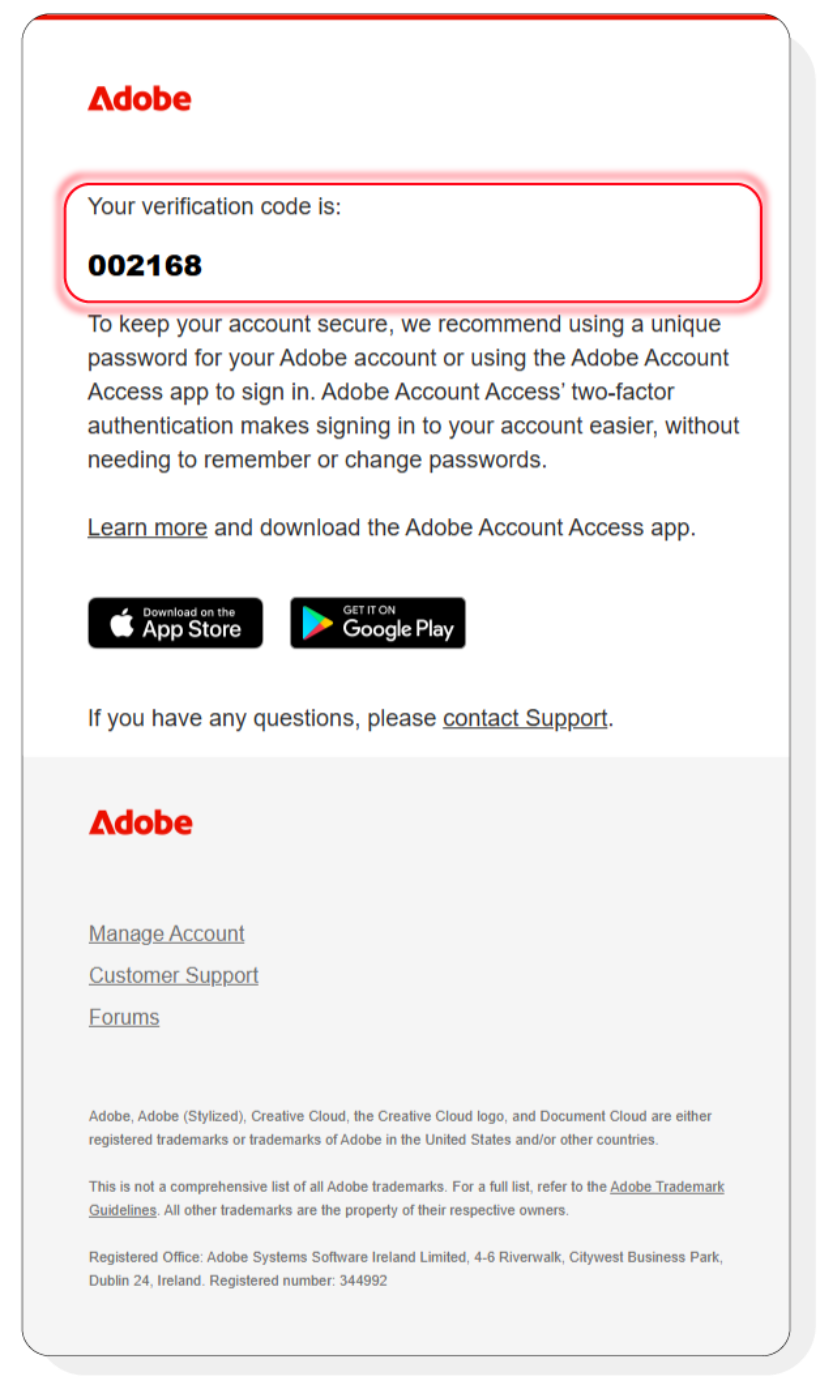 Verification code Email Example
