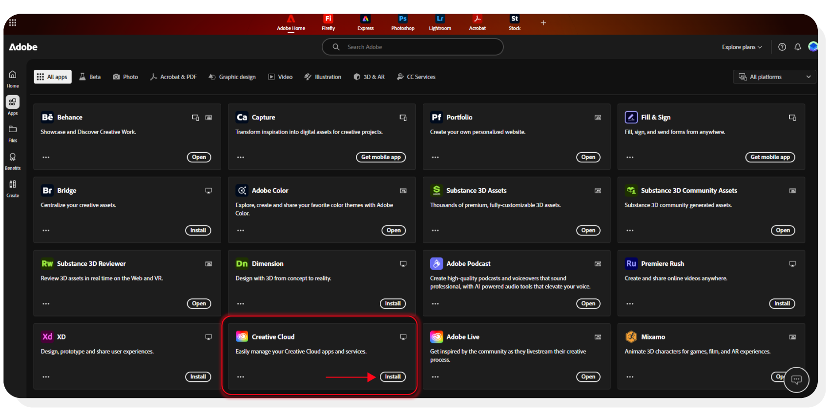 Creative Cloud Install Screen