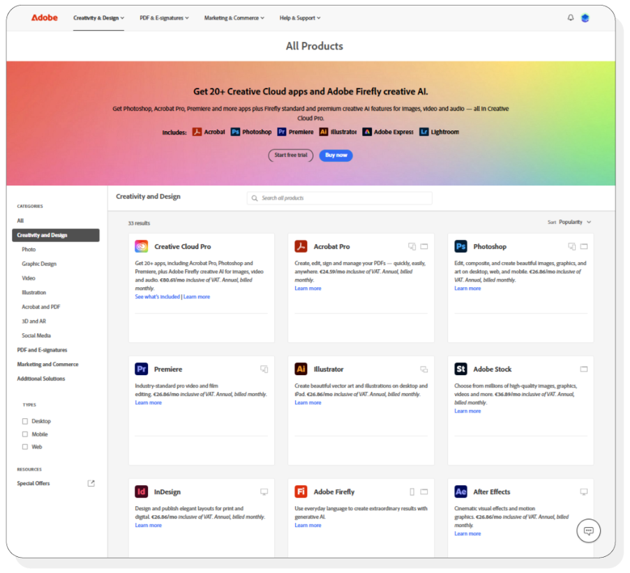 Creative Cloud Online Screen
