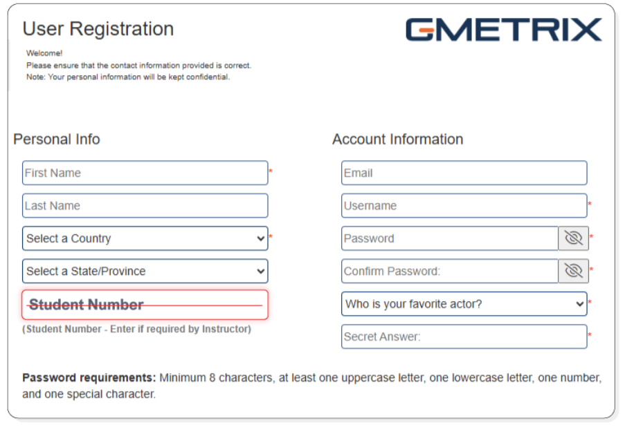 GMetrix sign up page showing where the Student Number field is