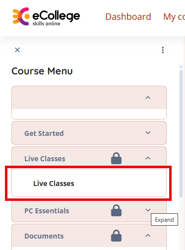 image showing the Live Classes link 