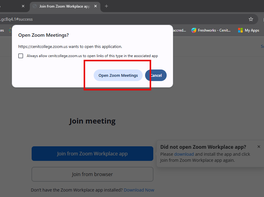 Image of the open zoom meeting option