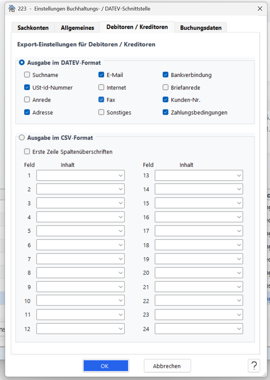 Optionsbereich „Ausgabe im DATEV-Format" mit den optionalen Zusatzfeldern für Stammdaten.
