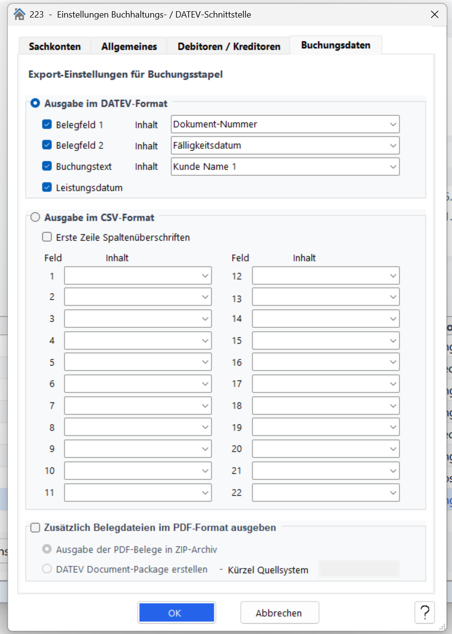 „Ausgabe im CSV-Format" mit den 24 Auswahlfeldern für Stammdaten.