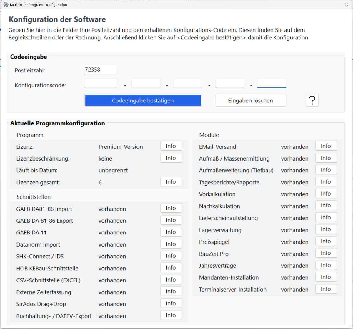 Fenster „Programmkonfiguration" mit den Bereichen Codeeingabe